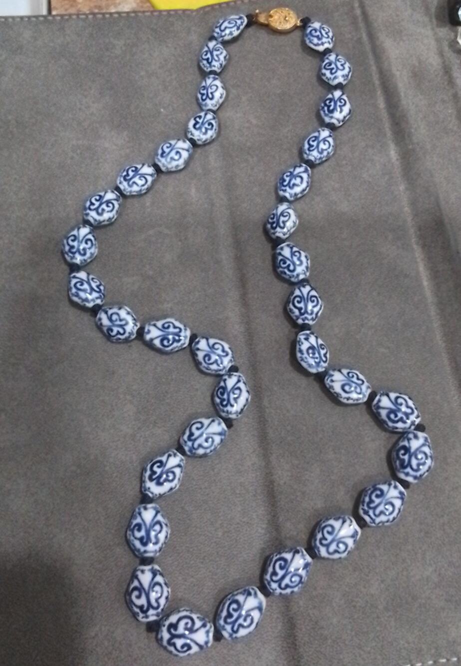 Vintage Chinese Blue White Porcelain Necklace with Gold Slide In Clasp